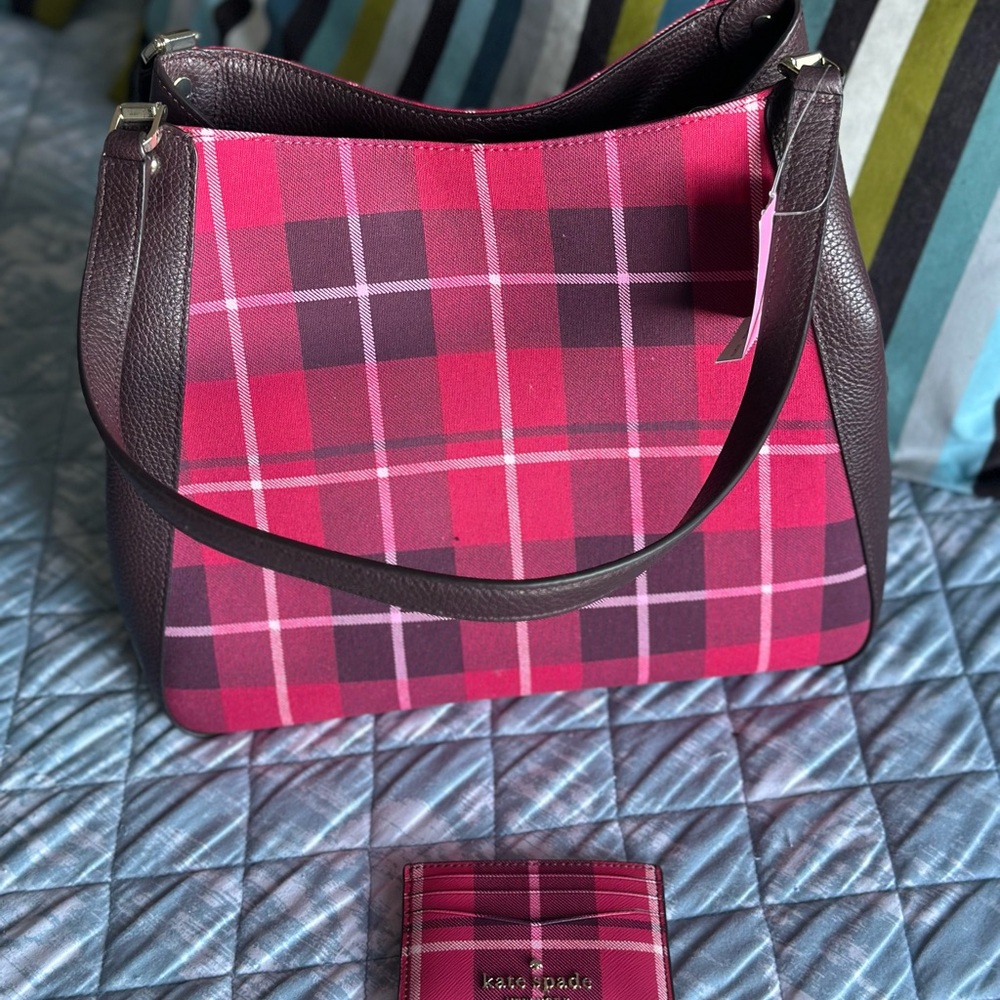 Kate Spade Pink and Brown Shoulder Bag with Plaid Design
